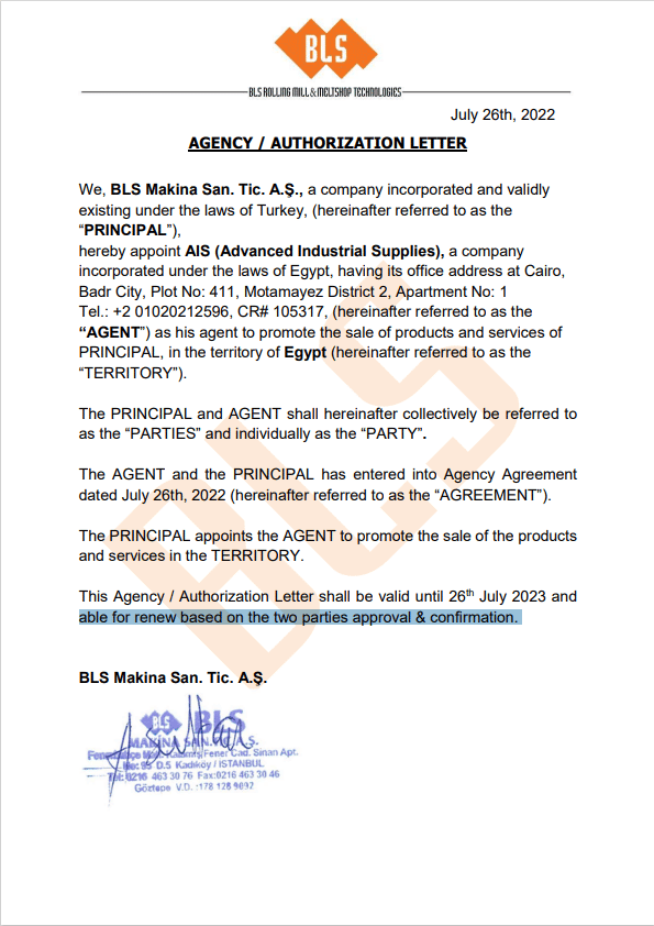 BLS Agency Authorization Letter